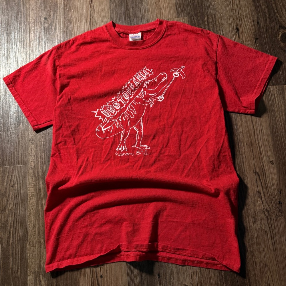Gildan Mens Red Unstoppable T-Rex Romans 8:31 Christian Graphic T-Shirt Size M